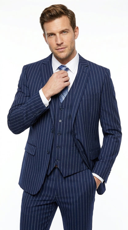 Men’s Teal Indigo Bright Blue Cobalt Pinstripe 3 Piece Suit, Formal Wedding Business Dress Suit Modern Fit