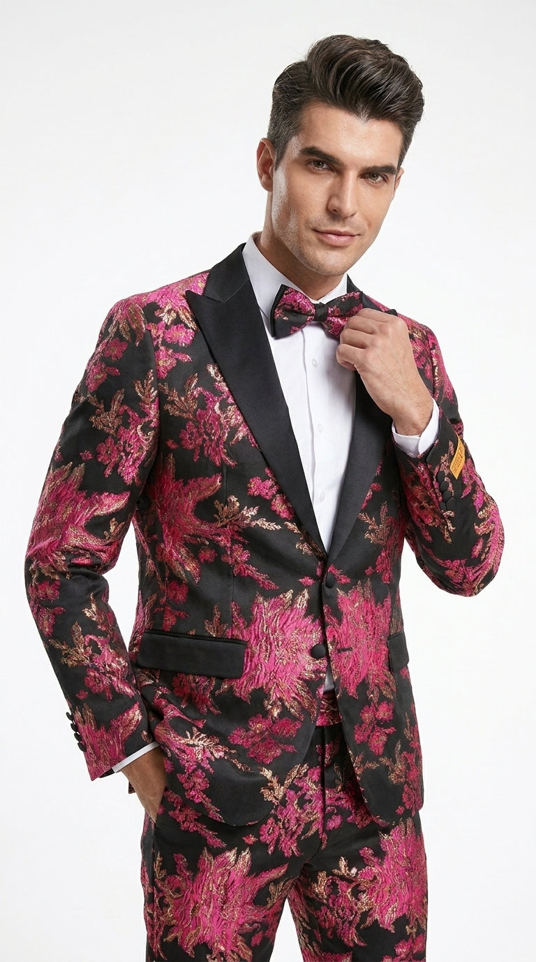 Men’s Fuchsia Pink and Black Floral Paisley Prom Tuxedo Suit, Shawl Lapel Wedding Party Formal Wear
