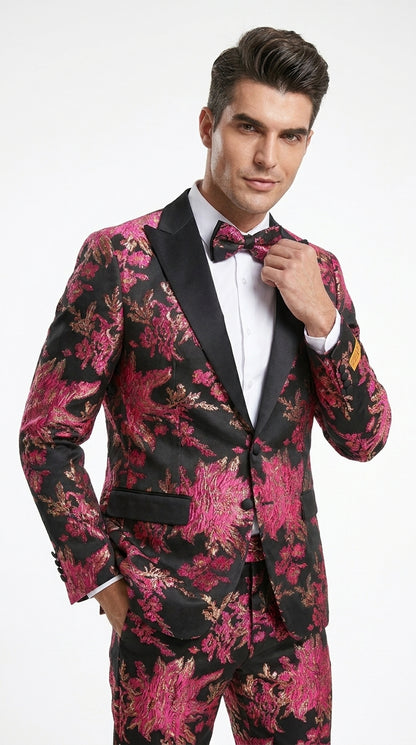 Men’s Fuchsia Pink and Black Floral Paisley Prom Tuxedo Suit, Shawl Lapel Wedding Party Formal Wear