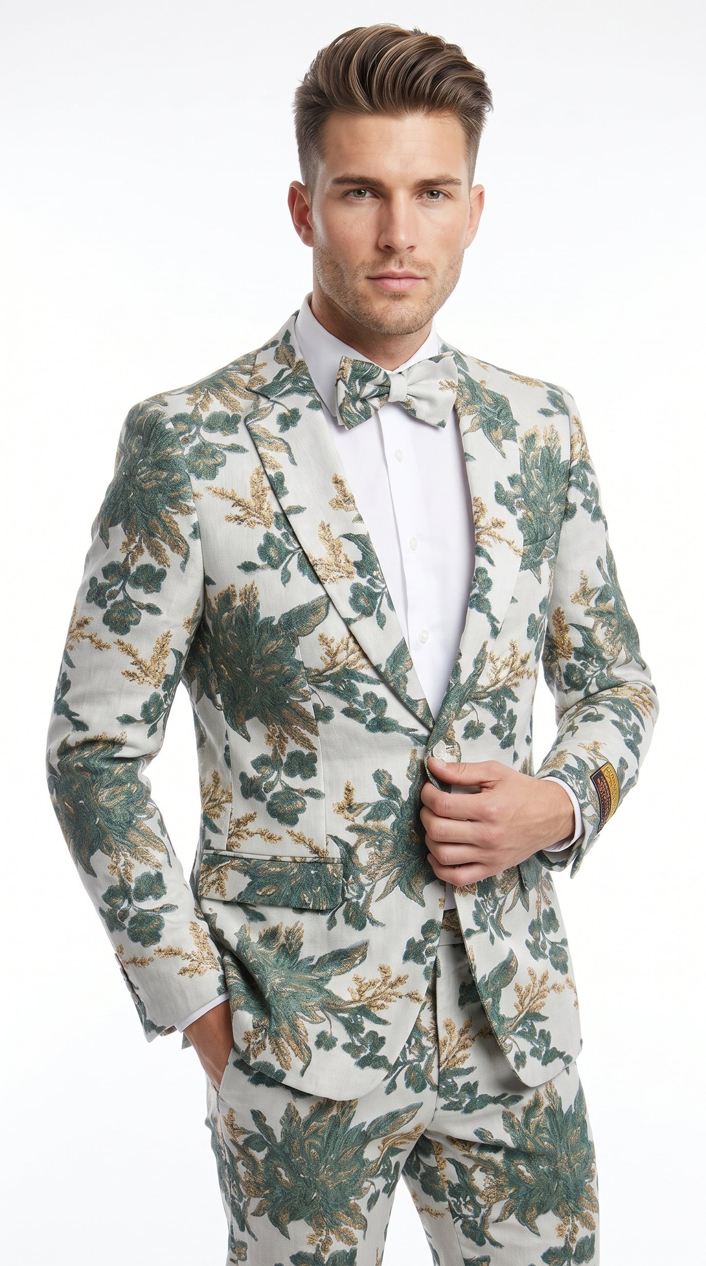 Men’s Green and Gold Floral Paisley Tuxedo Suit with Matching Bow Tie, Fancy Prom Wedding Formal Suit Set