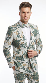 Men’s Green and Gold Floral Paisley Tuxedo Suit with Matching Bow Tie, Fancy Prom Wedding Formal Suit Set