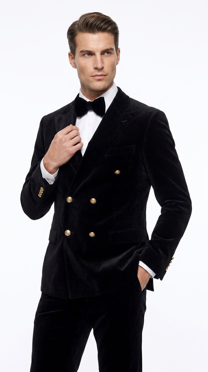 Men’s Rossi Man Zeus Black Velvet Double Breasted Tuxedo Suit, Formal Wedding Prom Dinner Suit Set