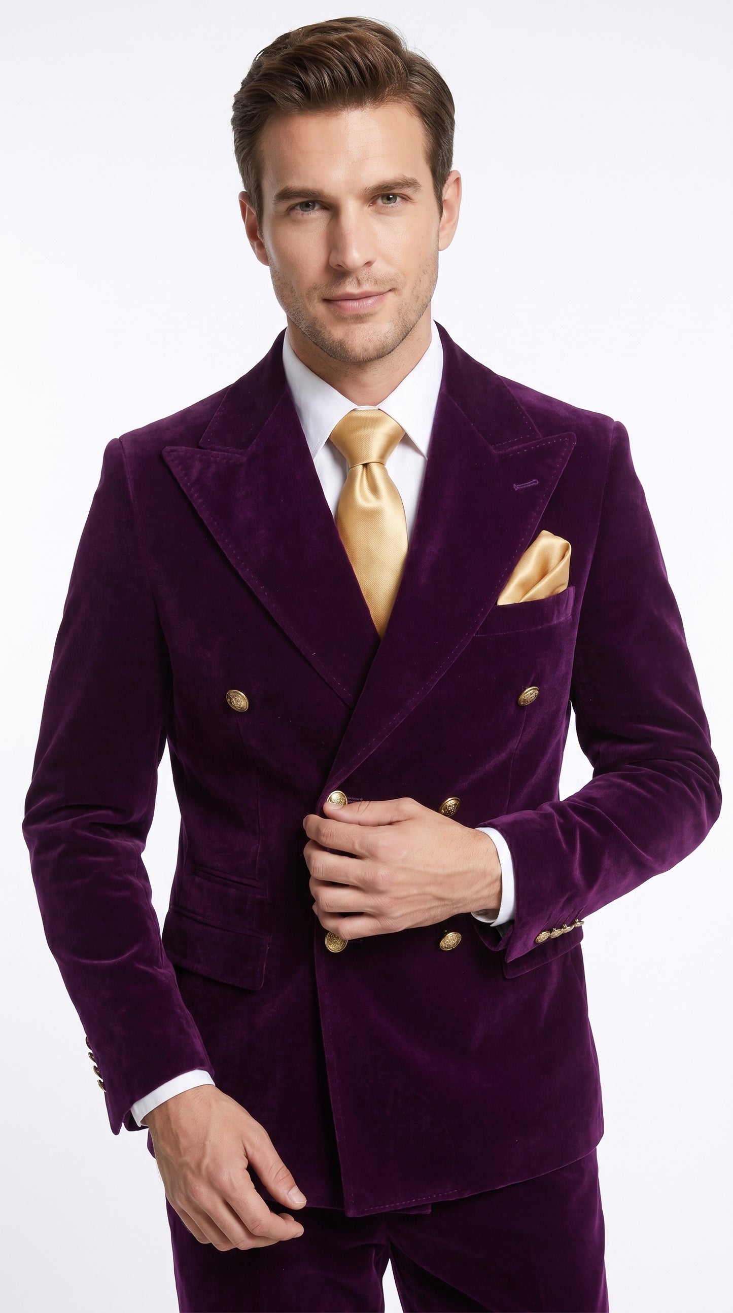 Men’s Rossi Man Zeus Purple Velvet Double Breasted Tuxedo Suit, Formal Wedding Prom Dinner Suit Set
