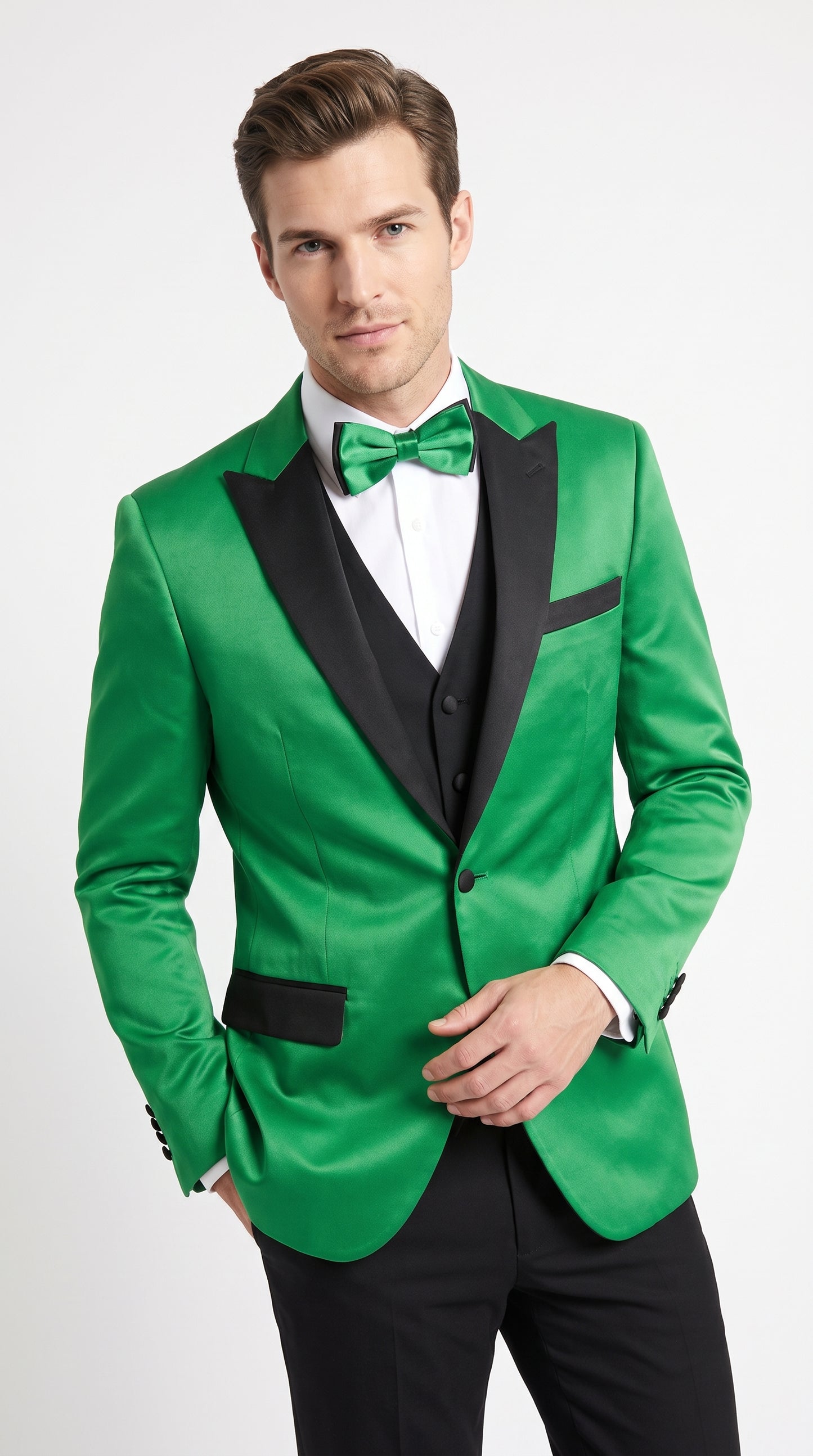 Men’s Emerald Green Tuxedo with Black Shawl Lapel, Black Vest and Pants – Formal 3 Piece Prom Wedding Suit