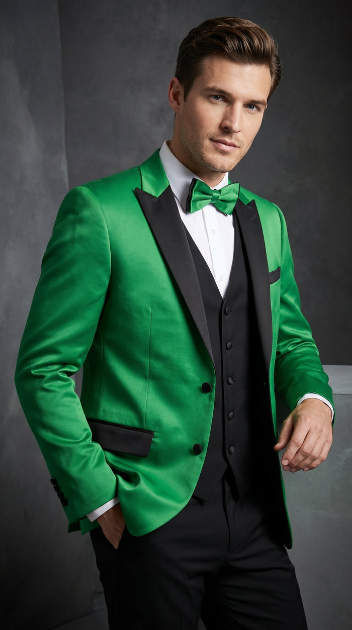 Men’s Emerald Green Tuxedo with Black Shawl Lapel, Black Vest and Pants – Formal 3 Piece Prom Wedding Suit
