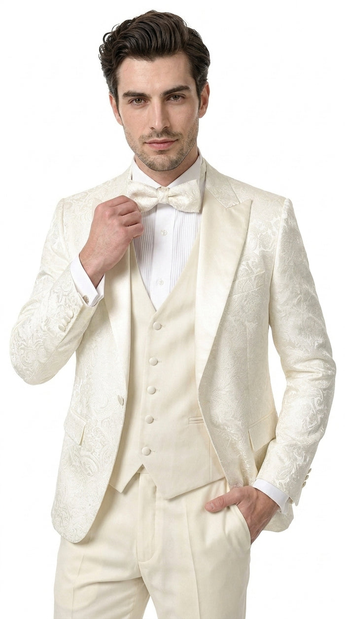 Men’s Champagne Ivory Paisley Dinner Jacket with Bow Tie, Off White Floral Formal Blazer