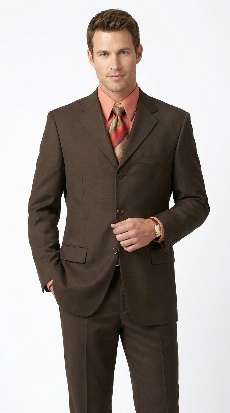 Men’s Chocolate Brown 3 Button Business Suit, Premier Quality Clearance Sale Dress Suit