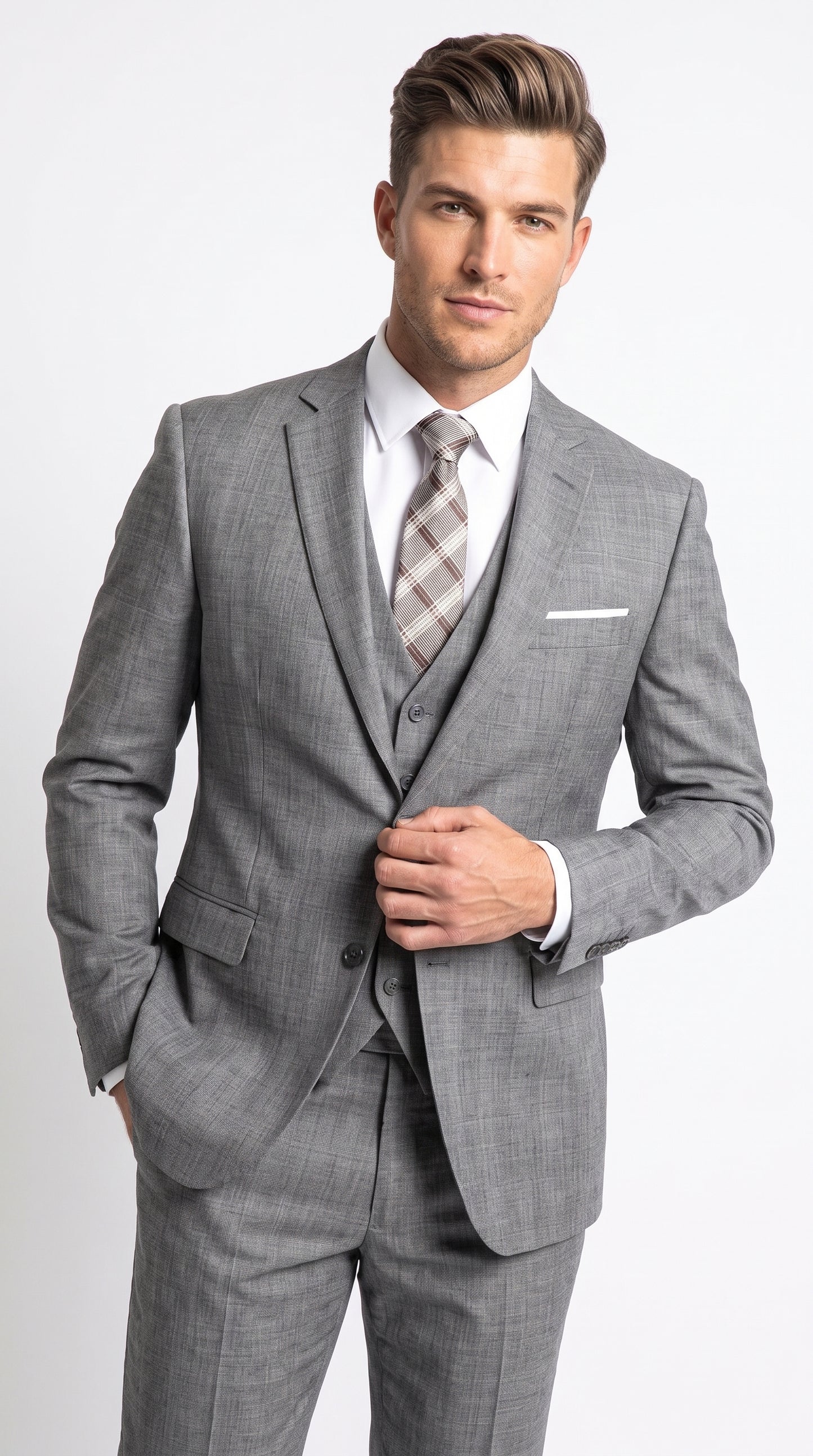Men’s Charcoal Grey Windowpane Plaid 3 Piece Suit, 2 Button Vested Formal Dress Suit