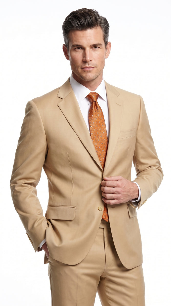 Men’s Bronze Camel Khaki Portly Suit, 2 Button Executive Fit Formal Dress Suit