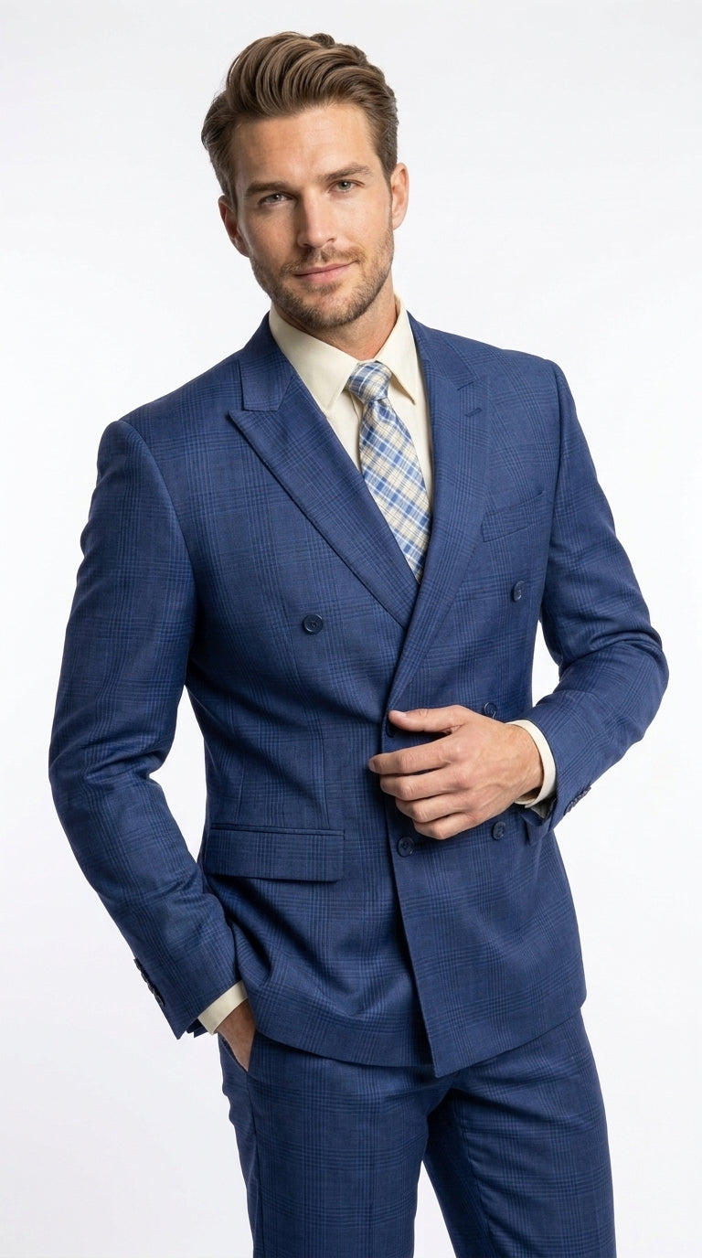 Vinci Men’s Blue Double Breasted Glen Plaid 2 Piece Suit, Formal Wedding Business Dress Suit Modern Fit