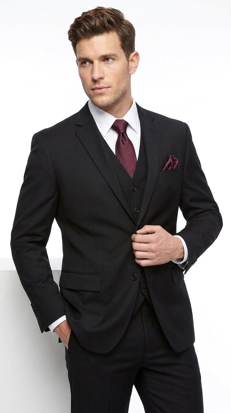 Men’s Black 3 Piece Wool Suit, Super 150’s Italian Fabric Business Wedding Formal Suit