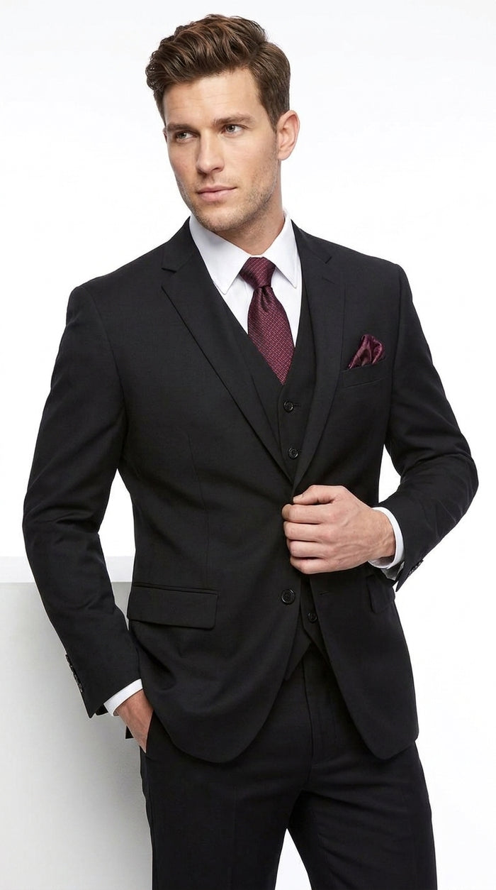 Men’s Black 3 Piece Wool Suit, Super 150’s Italian Fabric Business Wedding Formal Suit