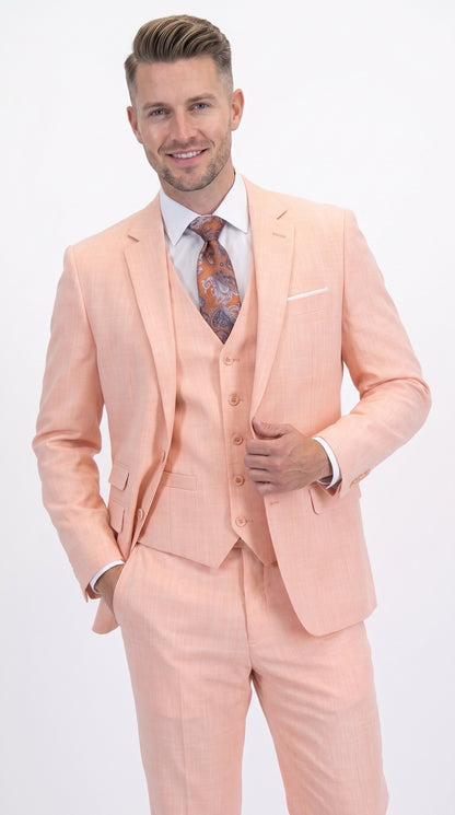 Men’s Peach Light Orange Blush 3 Piece Summer Suit with 2 Button Jacket and Ticket Pocket