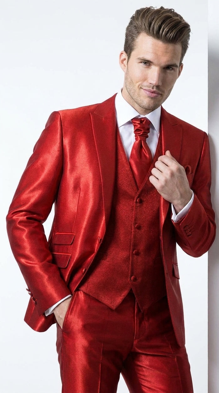 Men’s Red Shiny 3-Piece Suit – Satin Wedding, Prom, Party and Formal Suit with Vest