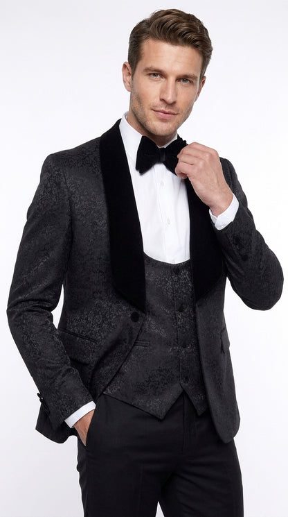 Rossi Man Men’s Black 3-Piece Tuxedo - Floral Jacquard Shawl Lapel Wedding and Prom Suit