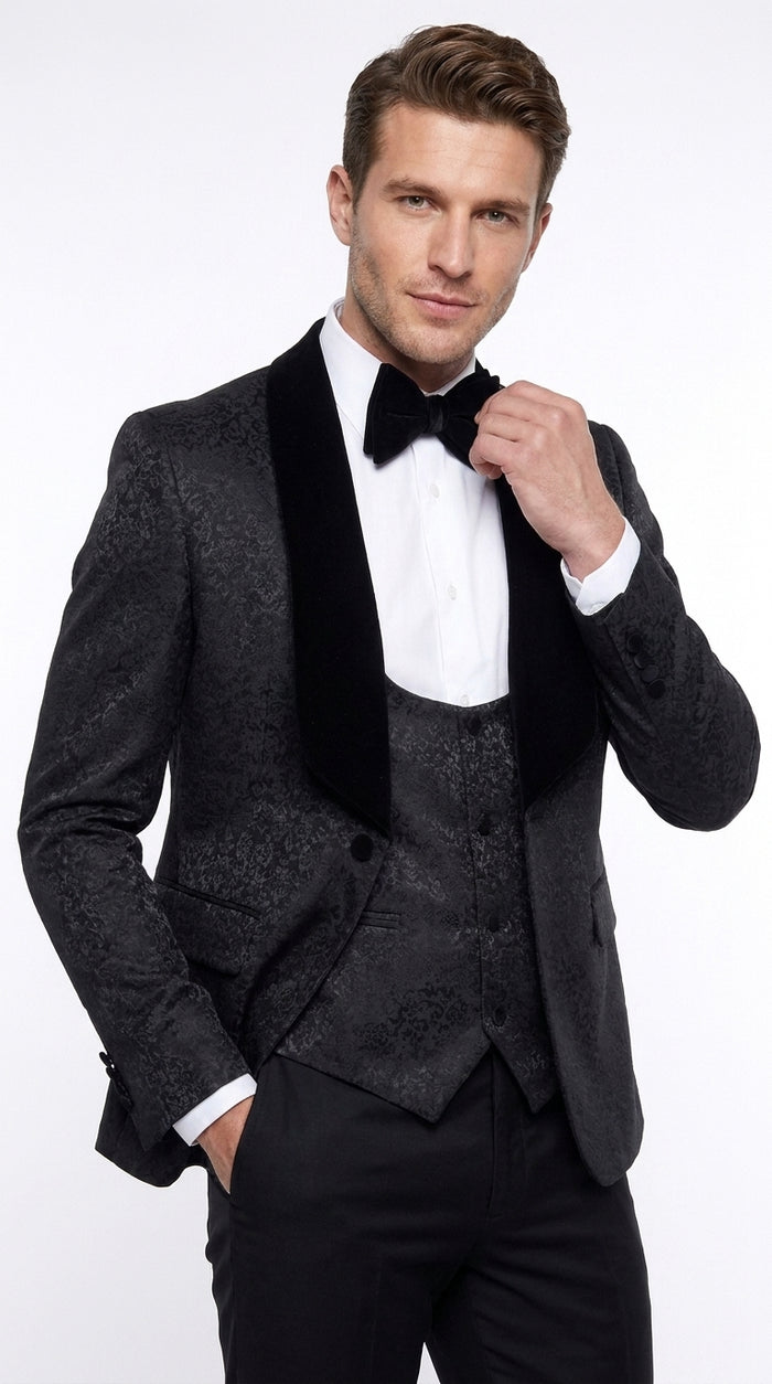 Rossi Man Men’s Black 3-Piece Tuxedo - Floral Jacquard Shawl Lapel Wedding and Prom Suit