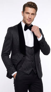 Rossi Man Men’s Black 3-Piece Tuxedo - Floral Jacquard Shawl Lapel Wedding and Prom Suit