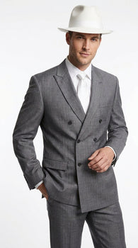 Men’s Grey 1920s Gangster Suit Package – Double-Breasted Suit with Untouchable Hat, Shirt and Tie