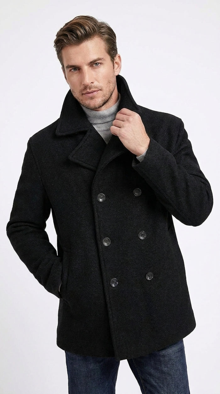 Men’s Black Big and Tall Wool Peacoat – Regular Fit Double-Breasted Winter Coat