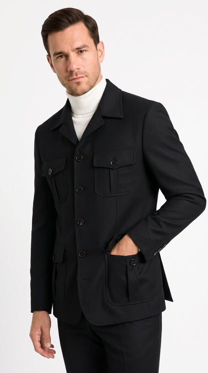 Men’s Black Safari Walking Suit, Utility Jacket and Trousers Casual Dress Set