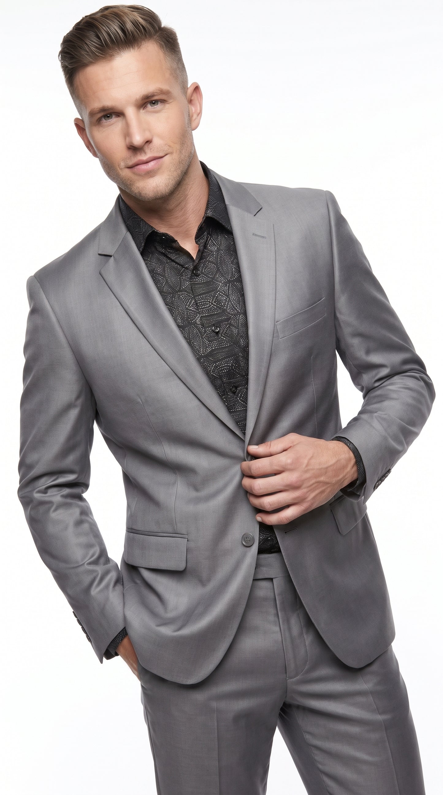 Men’s Silver Gray Shiny Sharkskin 2 Button Suit, Formal Wedding Business Dress Suit