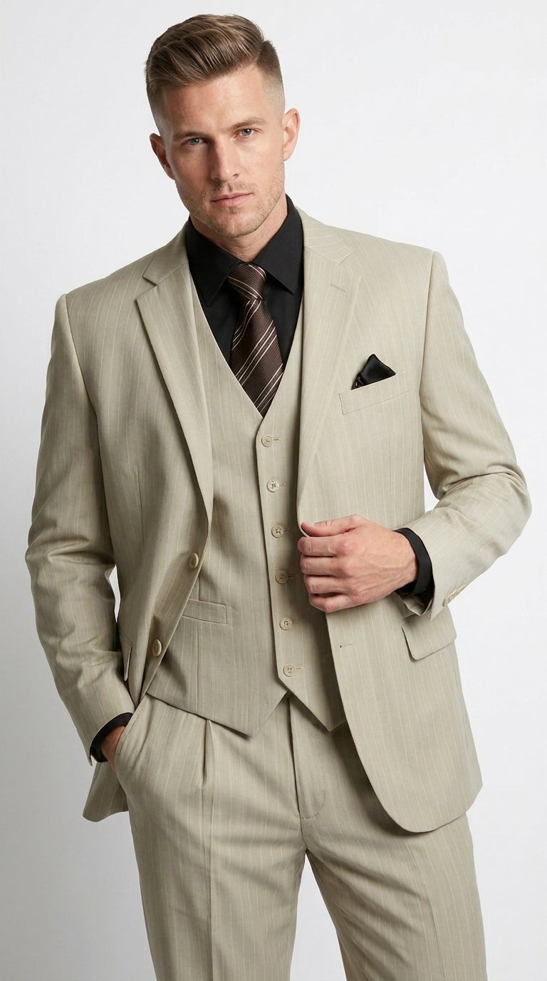 Men’s Tan Beige Pinstripe 3 Piece Vested Suit, 2 Button Formal Wedding Business Dress Suit