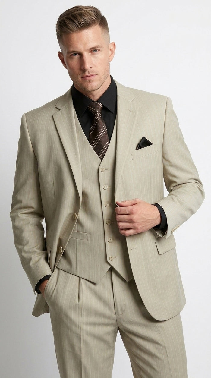 Men’s Tan Beige Pinstripe 3 Piece Vested Suit, 2 Button Formal Wedding Business Dress Suit