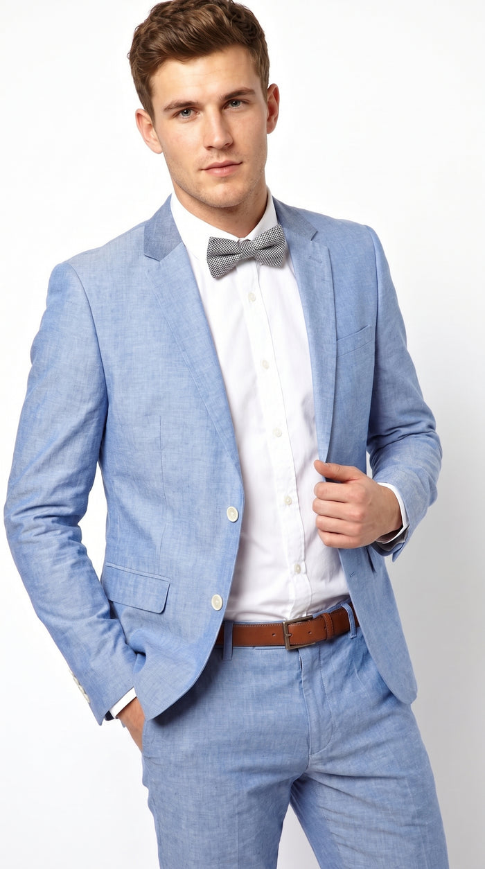 Men’s Light Blue Short Pants Suit Set, 2 Button Summer Wedding Prom Outfit