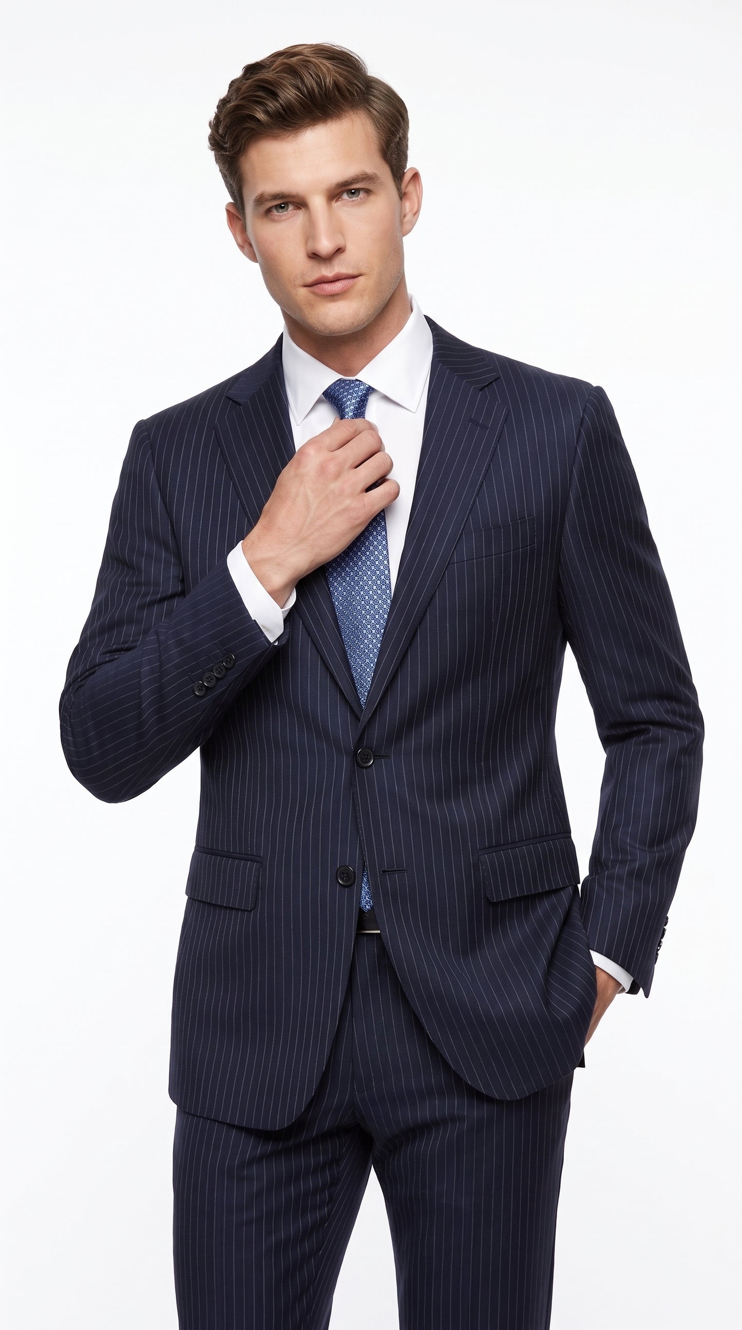 Men’s Dark Navy Pinstripe 2 Button Suit, Side Vent Back Formal Business Dress Suit