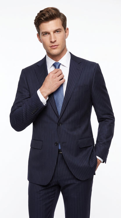 Men’s Dark Navy Pinstripe 2 Button Suit, Side Vent Back Formal Business Dress Suit