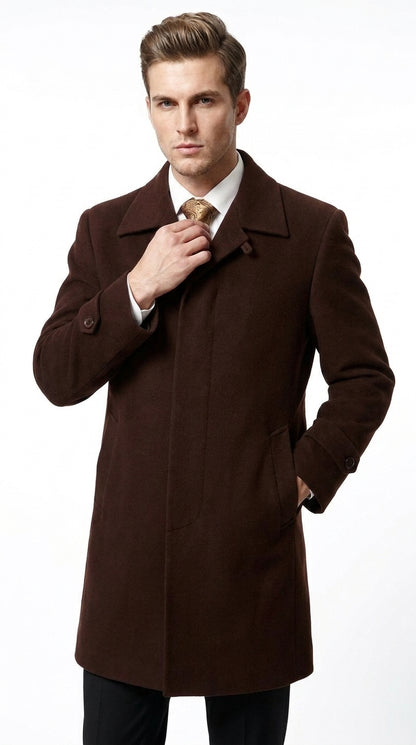 Men’s Brown Plush Microfiber Top Coat – Classic Full-Length Dress Coat for Business, Church and Formal Wear