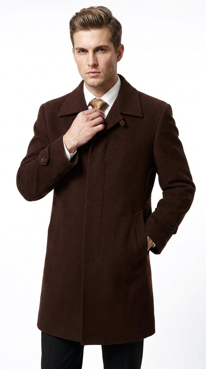 Men’s Brown Plush Microfiber Top Coat – Classic Full-Length Dress Coat for Business, Church and Formal Wear