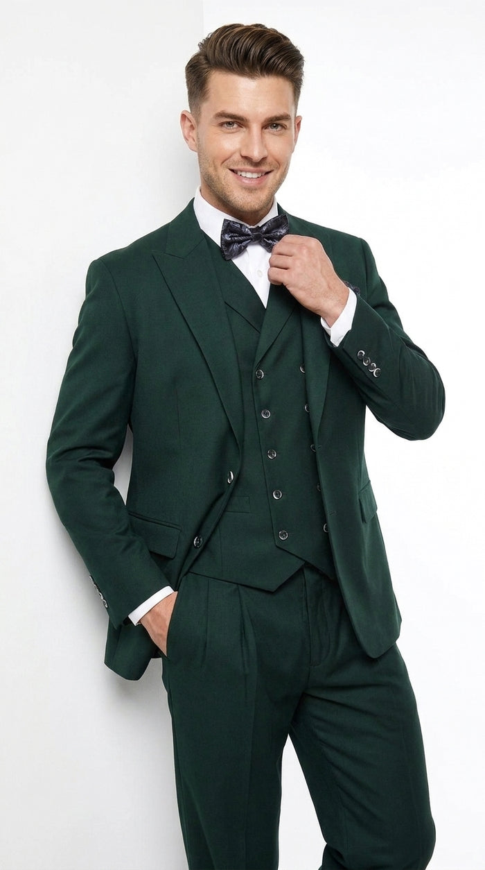 Men’s Hunter Green Big and Tall 3-Piece Wool Suit – Classic Fit Peak Lapel Suit with Double-Breasted Vest and Pleated Pants