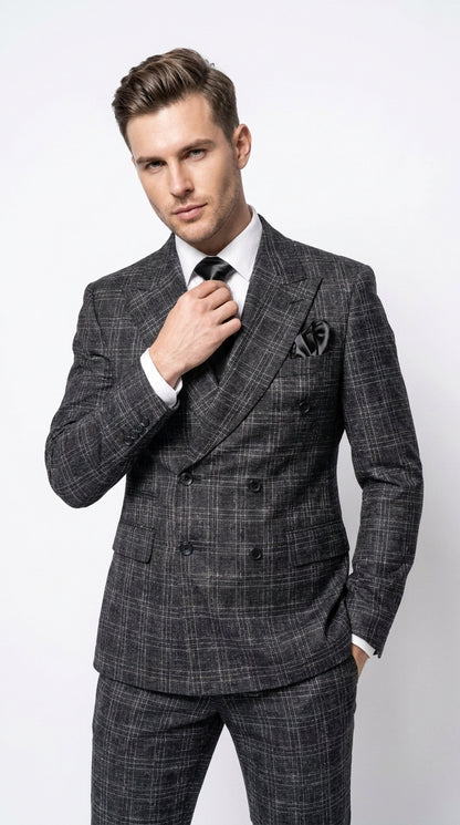 Rossi Man Men’s Charcoal Plaid Double-Breasted Suit – Windowpane Wedding, Business and Formal 2-Piece Suit  Modern Fit