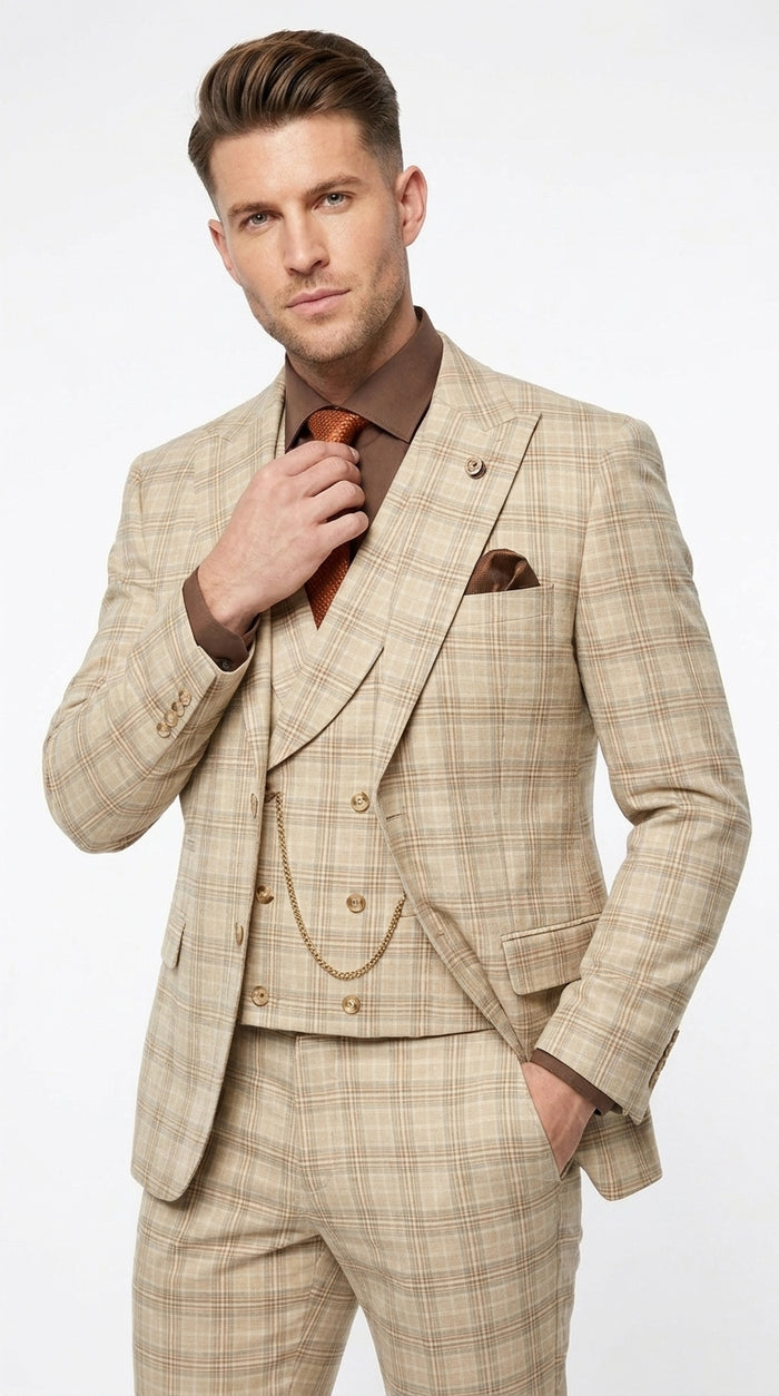 Marc Darcy Men’s Khaki Tan Windowpane Plaid 3-Piece Wedding Suit – Double-Breasted Vest and Matching Pants Modern Fit