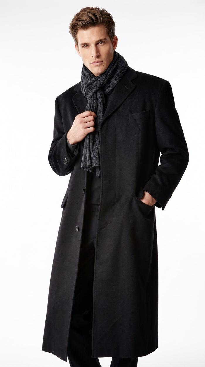 Alberto Nardoni Men’s Black Full Length Cashmere Blend Overcoat, Loro Piana Fabric Winter Dress Topcoat