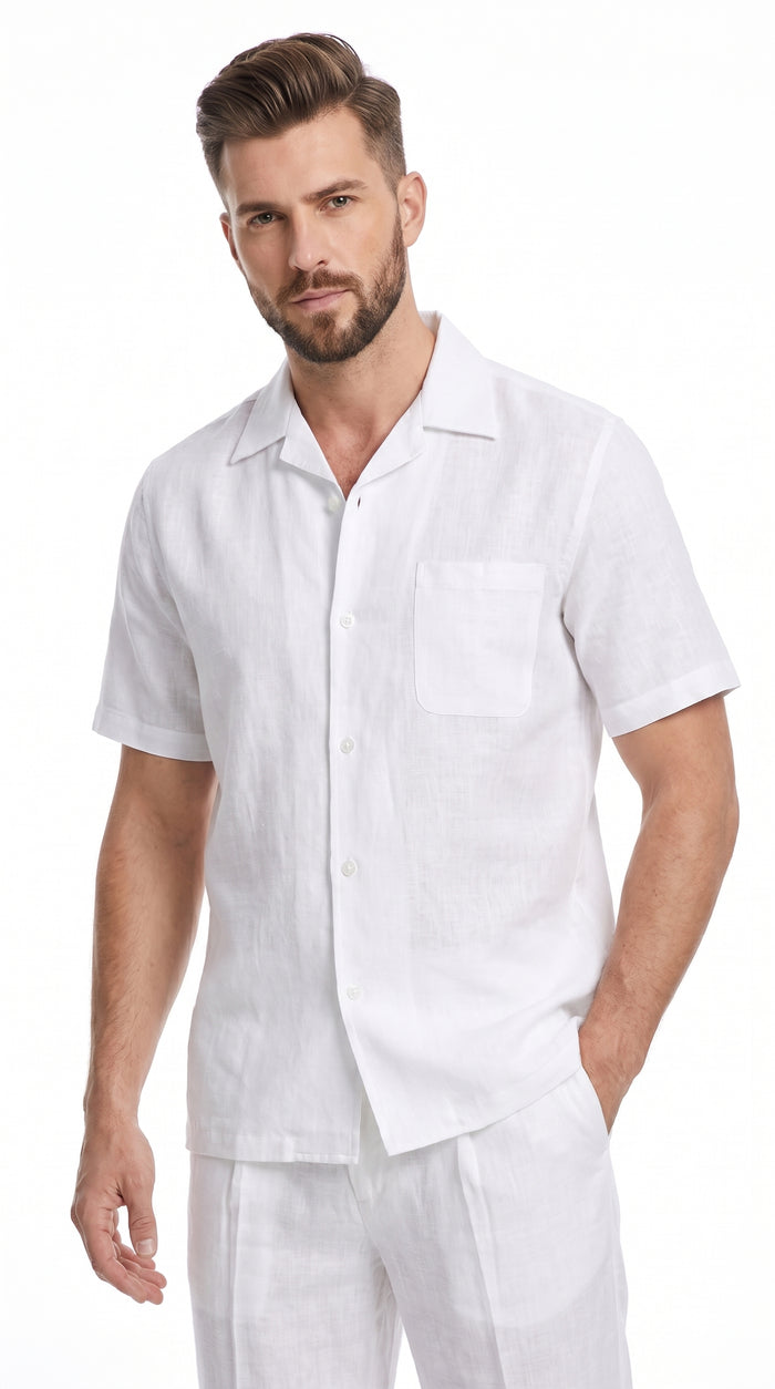 Men’s White 100% Linen Walking Suit, Short Sleeve Shirt and Pleated Pants Casual Two Piece Set