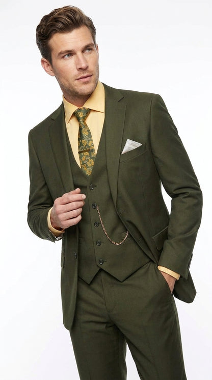 Men's Olive Green 3 Piece Suit – Classic Fit Vested Wedding, Business & Formal Suit with Flat Front Pants