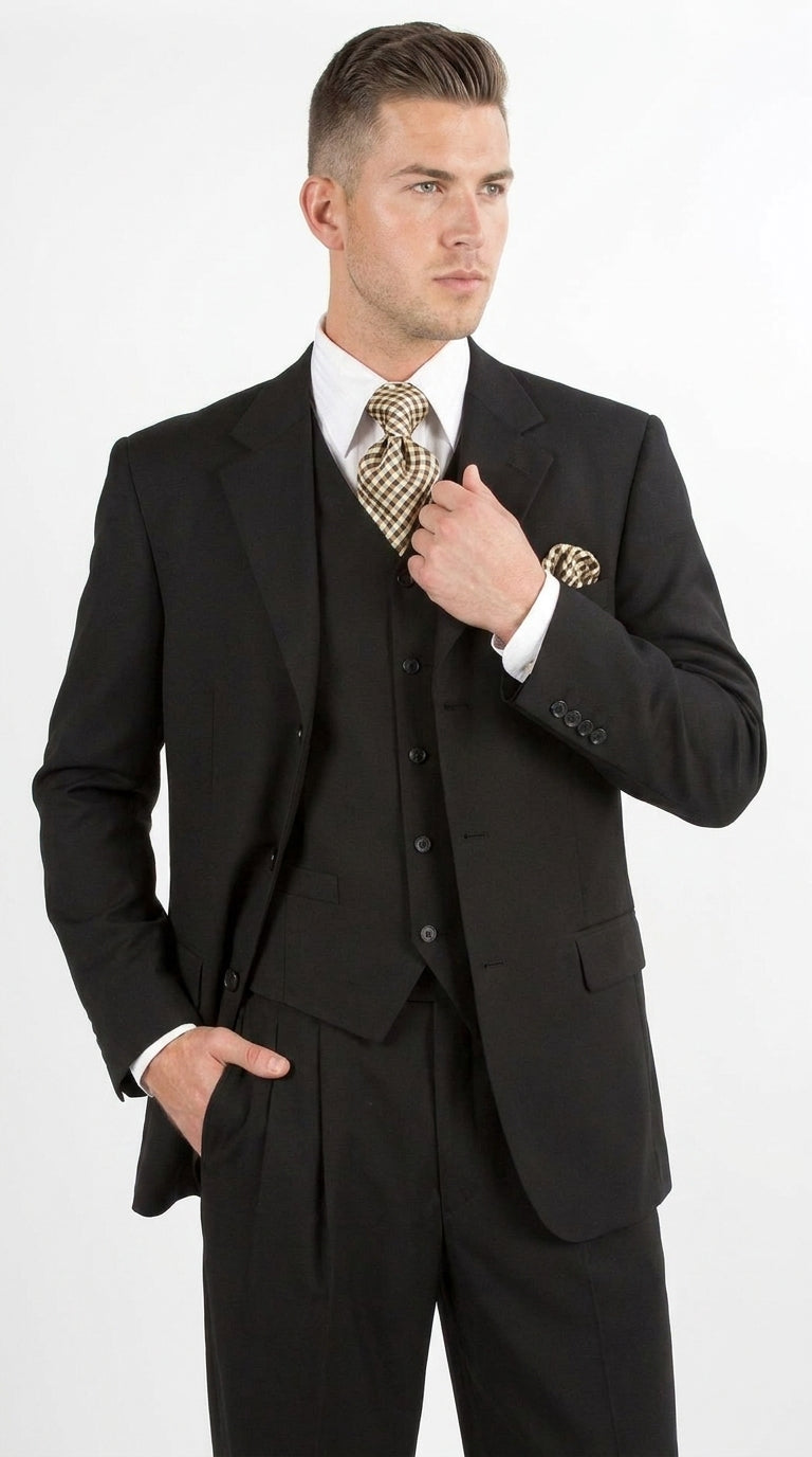 Men’s Black 3-Piece Suit – Classic Fit Three-Button Vested Suit with Single-Pleated Pants