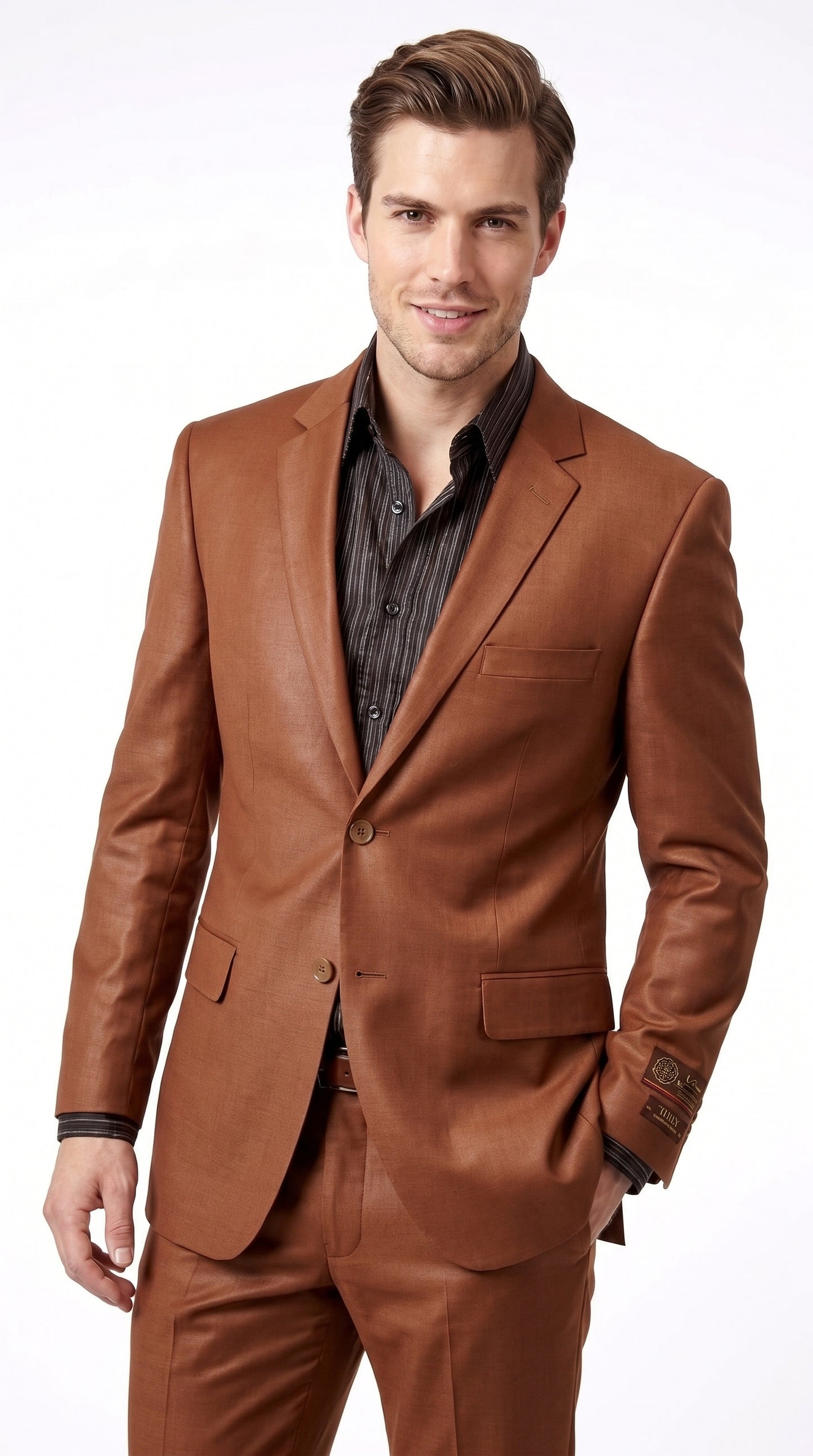 Men’s Rust Sharkskin 2-Piece Suit – Designer Two-Button Formal Suit with Sheen Finish