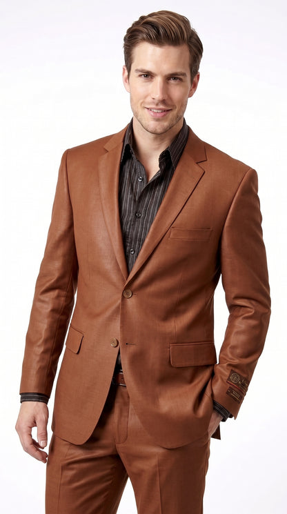 Men’s Rust Sharkskin 2-Piece Suit – Designer Two-Button Formal Suit with Sheen Finish