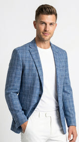 Men’s Blue Plaid Windowpane Blazer, Textured Pattern Sport Coat for Weddings, Parties, Business Casual, and Special Occasions