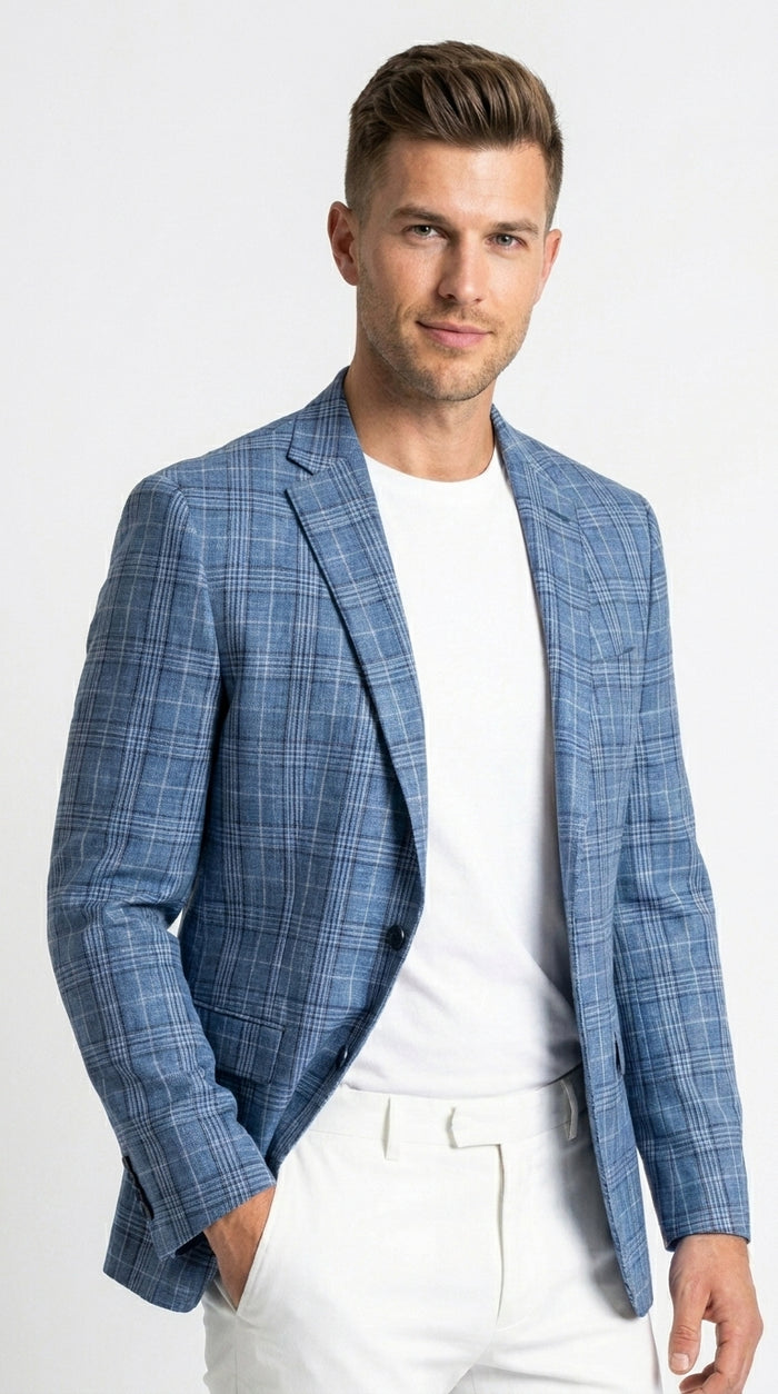 Men’s Blue Plaid Windowpane Blazer, Textured Pattern Sport Coat for Weddings, Parties, Business Casual, and Special Occasions