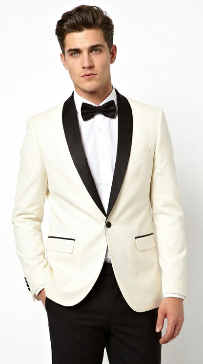Men’s Ivory Cream Dinner Jacket Tuxedo with Black Shawl Lapel, White Blazer and Black Trouser Formal Suit for Weddings, Prom, Parties, and Special Occasions