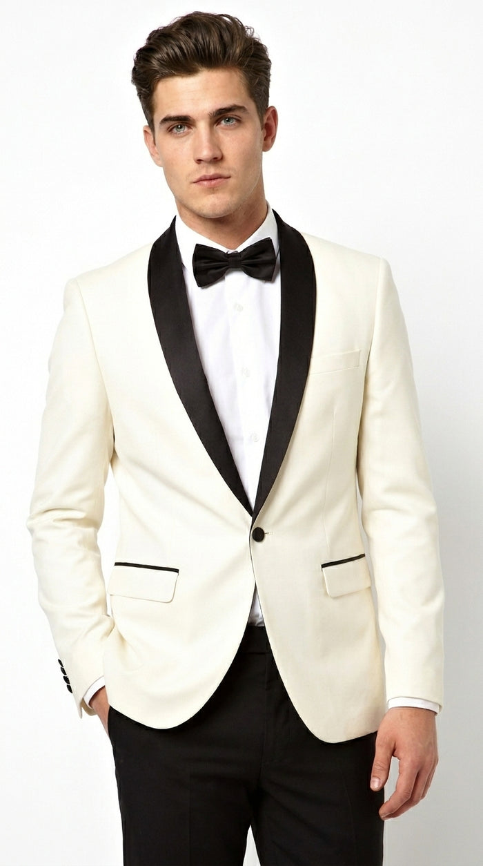 Men’s Ivory Cream Dinner Jacket Tuxedo with Black Shawl Lapel, White Blazer and Black Trouser Formal Suit for Weddings, Prom, Parties, and Special Occasions