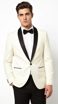 Men’s Ivory Cream Dinner Jacket Tuxedo with Black Shawl Lapel, White Blazer and Black Trouser Formal Suit for Weddings, Prom, Parties, and Special Occasions