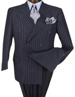 High Quality Dark Navy Blue Suit For Men & Chalk Bold White Pinstripes Double Breasted Suits 100% Poly-Ray