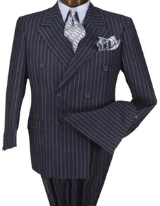 High Quality Dark Navy Blue Suit For Men & Chalk Bold White Pinstripes Double Breasted Suits 100% Poly-Ray