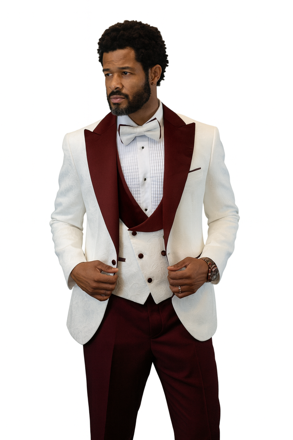 Hilton White and Burgundy Paisley Peak Lapel Tuxedo Jacket with Matching Shawl Vest and Wool Pants – Includes Bow Tie - Image 6