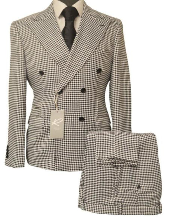 Houndstooth Double Breasted Suit - Wool Fabric Black And White Patterned Checkered Suit - 100% Percent Wool Fabric Suit - Worsted Wool Business Suit